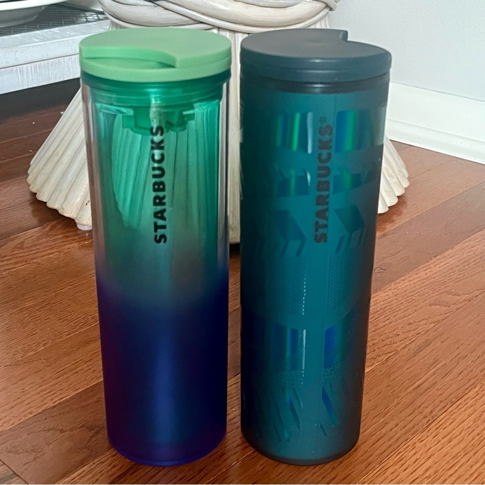 Set of Two Starbucks Blue Green Ombré 16 Oz and green Tumblers EUC